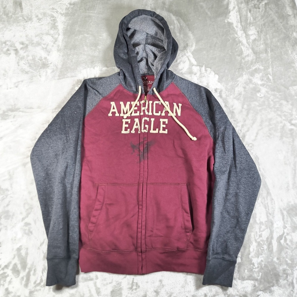 American Eagle Hoodie Mens Large Red Gray Full Zip Preppy Outdoor Classic Fit